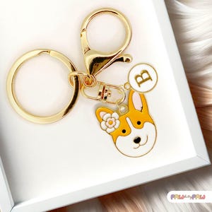 Corgi Face with Flower Keychain, Cute Dog Lover Gift, Welsh Corgi Enamel Charm, Puppy Keyring, Kawaii Corgi Gift-K-A020-1