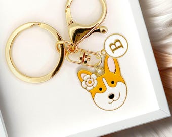 Corgi Face with Flower Keychain, Cute Dog Lover Gift, Welsh Corgi Enamel Charm, Puppy Keyring, Kawaii Corgi Gift-K-A020-1