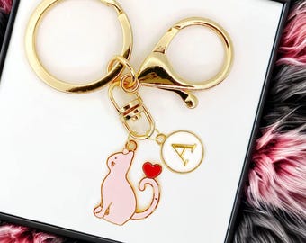Pink Cat Enamel Keychain with Heart Tail Charm and Personalized Initial Clip for Cat Lovers Romantic Gift for Her-K-A093-3