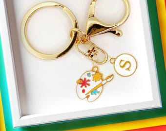 Classic Artist Paint Palette Keychain with Color Splashes and Brush Cute Art Lover Gift for Creative Painter Bag Charm or Key Ring-K-A049-1