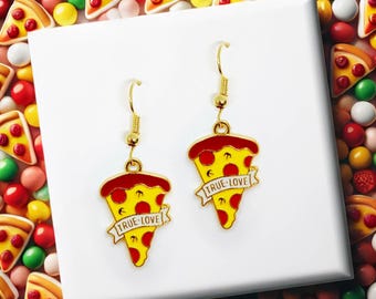 Pizza "True Love" Dangle Earrings with Enamel Pendant and 18k Gold Plated Hook, Fun Jewelry Gift for Food Lovers - ERA-A008-1