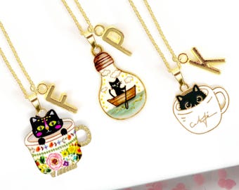 Tea Cup Cat Necklace with Personalized Initial – Kawaii Coffee Cup Black Cat Jewelry Gift for Tea Lovers and Cat Ladies-NCA-003