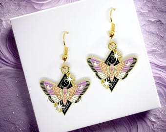 Mystical Pastel Moth Dangle Earrings with Celestial Design, Enamel Pendant , Moon and Star Jewelry for Cosmic Lovers - ERA-A083-2