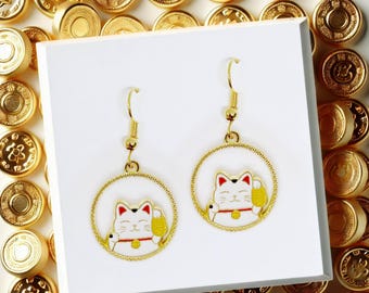 Maneki Neko Hoop Earrings - Kawaii Good Luck Cat Jewelry for Cat Lovers & Business Owners - ERA-A101-1