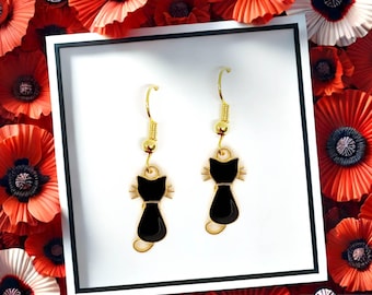 Minimalist Black Cat Earrings - Scandinavian Chic 18k Gold Plated Hook Jewelry for Cat Lovers - ERA-A089-1
