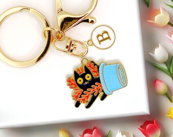 Black Cat in a Plant Keychain, Cute Kitty in Blue Pot Charm, Funny Cat Mom Gift, Kawaii Feline Enamel Keyring, Pet Owner Gift-K-A022-2