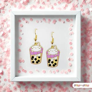 Kawaii kattenoorbellen Bubble Tea-sieraden – Schattige Boba-hanger emaille bedel, Purrfect kattencadeaus voor kattenliefhebbers, leuke meisjesaccessoires-ERA-A085-1