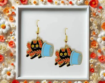 Black Cat with Plant Dangle Earrings 18k Gold Plated Hook, Kawaii Jewelry Gift for Cat Lovers and Plant Ladies-ERA-A022-2