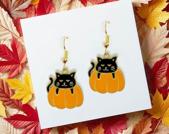 Black Cat in Pumpkin Dangle Earrings with Enamel Pendant and 18k Gold Plated Hook, Cute Halloween Jewelry Gift for Cat Lovers - ERA-A072-2