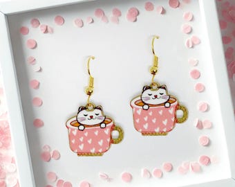 Cute White Cat Enamel Earrings in Tea Cup – Pink Dangle Earrings for White Cat Lovers & Kawaii Kitty Jewelry Gift-ERA-A006-9
