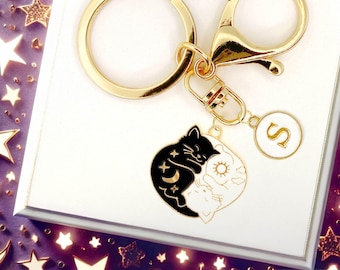 Yin Yang Black and White Cat Enamel Keychain – Sun and Moon Celestial Kitty Charm for Balance and Harmony Lovers-K-A048-4