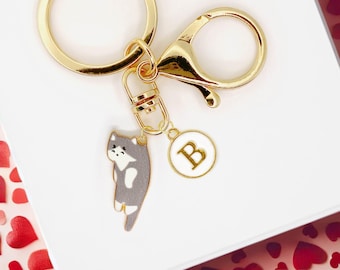 Cute Grey Cat Enamel Keychain with Personalized Monogram Letter Charm, Fun Kawaii Gold-Plated Keyring, Cute Gift for Cat Lovers-K-A001-5