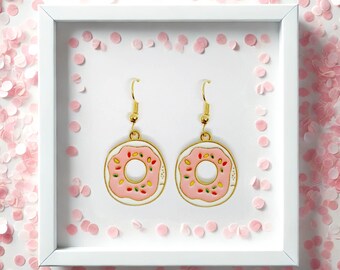 Pink Donut Dangle Earrings 18k Gold Plated Hook, Homer Simpson Donut-Inspired Jewelry Gift for Food and Kawaii Fans-ERA-A065-2