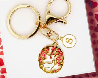 Red Blossom White Cat Keychain - Elegant Gold Enamel Charm with Floral Design for Cat Lovers and Nature Inspired Gifts-K-A026-4