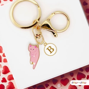 Lindo llavero de gato rosa esmaltado con monograma personalizado, divertido llavero kawaii chapado en oro, un regalo ideal para amantes de los gatos - K-A001-6