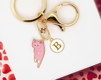 Cute Pink Cat Enamel Keychain with Personalized Monogram Letter Charm, Fun Kawaii Gold-Plated Keyring, Cute Gift for Cat Lovers-K-A001-6