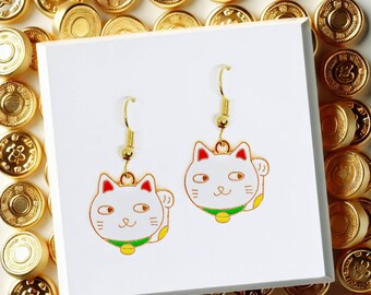 Maneki Neko Cat Earrings - Kawaii Good Luck Charm Jewelry for Cat Lovers and Business Owners - ERA-A100-1