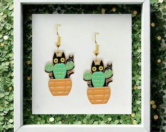 Black Cat with Cactus Dangle Earrings 18k Gold Plated Hook, Kawaii Jewelry Gift for Cat Lovers and Plant Ladies-ERA-A022-7