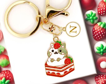 Strawberry Cake Cat Keychain with Personalized Gold Initial Charm for Dessert Lovers and Kawaii Bag or Purse Accessories-K-A085-3
