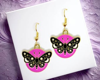 Pink and Black Celestial Butterfly Dangle Earrings with Enamel Pendant and 18k Gold Plated Hook, Goth and Mystic Jewelry Gift-ERA-A066-2
