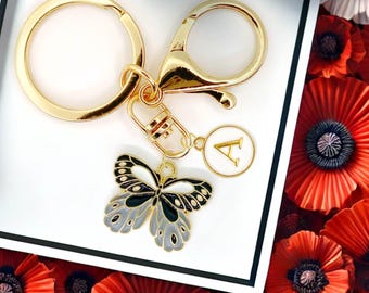 DRAFT - Gray Black Butterfly Keychain with Gold Initial Charm Elegant Monochrome Enamel Winged Insect Bag Clip Gift - K-A117-3