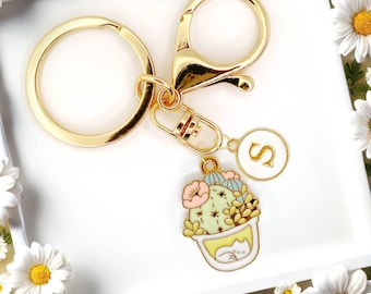 Sleeping White Cat in Cactus Terrarium Pot Keychain - Cute Pastel Enamel Charm for Plant Lovers, Cat Moms and Cozy Aesthetic Gifts-K-A025-1