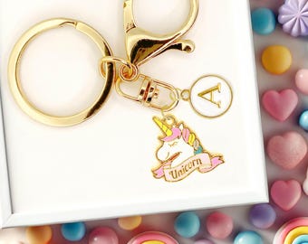 Cute Enamel Keychain: Pastel Rainbow Unicorn with Custom Monogram -K-A130-1