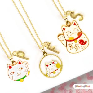 Collar con dije de gato de la suerte Maneki Neko con inicial: regalo japonés kawaii de buena suerte para amantes de la prosperidad, la riqueza y el éxito - NCA-012