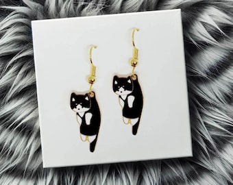 Black and White Cat Dangle Earrings with 18k Gold Plated Hook, Kawaii Tuxedo Cat Jewelry for Pet Lovers, Cute Animal Gift-ERA-A001-2