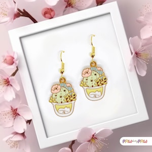 Slapende witte kat in cactus terrariumpot hangoorbellen 18k vergulde haak, kawaii sieraden cadeau voor katten- en plantenliefhebbers-ERA-A025-1