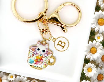 Cute Cat in a Teacup Enamel Keychain with Personalized Monogram Letter Charm, Fun Kawaii Gold-Plated Keyring, Trendy Bag Charm-K-A006-8