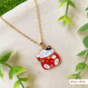 Naszyjnik z kotem na szczęście - Maneki Neko Kawaii Charm - Biżuteria dla miłośników kotów na szczęście - Idealny prezent dla kociar i przyjaciół-N-A099-SET
