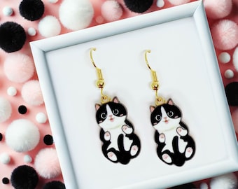 Schwarze Tuxedo Katze Baumeln Ohrringe 18k Vergoldete Haken, Kawaii Schmuck Geschenk für Katzenliebhaber, niedliches Tier Zubehör-ERA-A002-2