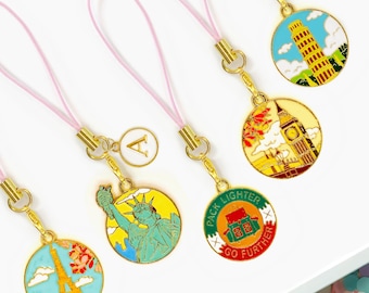 Wanderlust Travel Phone Charm with Personalized Letter – Cute World Landmark Keychain for Travel Lovers & Holiday Memories