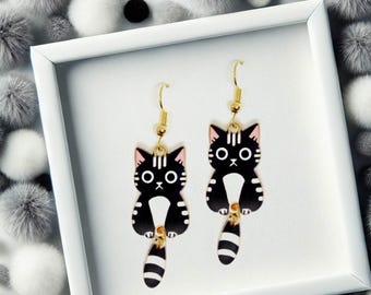 Adorable Black Tuxedo Cat Dangle Earrings 18k Gold Plated Hook, Kawaii Gift for Cat Lovers & Fun Animal Accessory-ERA-A003-2