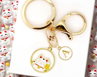 Gold Circle Lucky Cat Keychain with White Enamel Maneki Neko Charm and Personalized Letter Clip for Prosperity Gift for Cat Lovers-K-A101-1