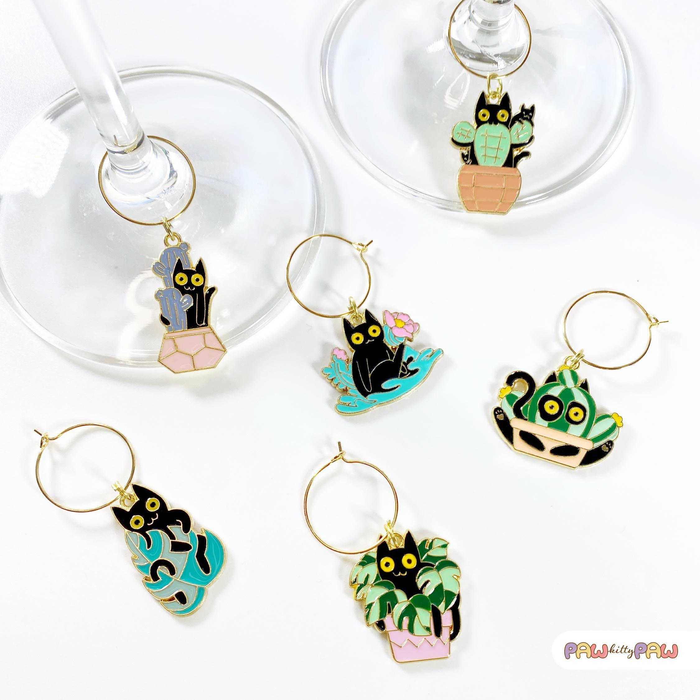 Plant Cat Wine Glass Charms – Black Cat Enamel Drink Markers in Sets of 6, 12 or A–Z Letter Tags for Wine Nights & Cat Lover Gifts