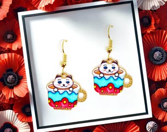 White Cat in Blue Floral Teacup Dangle Earrings 18k Gold Plated Hook, Kawaii Jewelry Gift for Cat Lovers, Cute and Fun Accessory-ERA-A006-7
