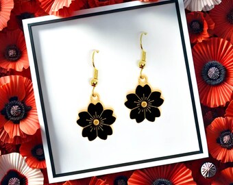 Black Sakura Cherry Blossom Dangle Earrings, Minimalist Floral Jewelry Gift, Elegant and Versatile Flower Accessory - ERA-A035-4