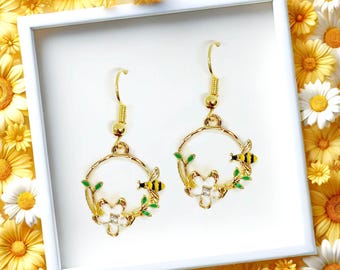 White Daisy Enamel Dangle Earrings: 18k Gold Plated Bumblebee Spring Fashion Style-ERA-A021-1