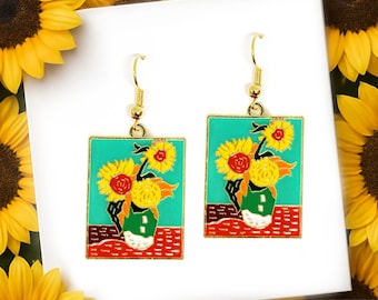 Van Gogh Sunflower Enamel Earrings: Statement Art Jewelry-ERA-A052-1