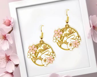 Kawaii Earrings Sakura Flower White Bunny Enamel 18k Gold Plated-ERA-A013-4
