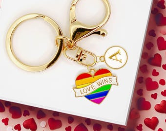 Love Wins Rainbow Heart Keychain LGBTQ Pride Enamel Charm with Custom Letter Gift for Ally Queer Gay Lesbian Trans Friends-K-A116-1