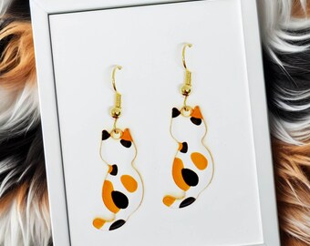 Calico Cat Dangle Earrings 18k Gold Plated Hook, Cute Jewelry Gift for Cat Lovers, Cat Ladies, and Pet Owners - ERA-A131-1
