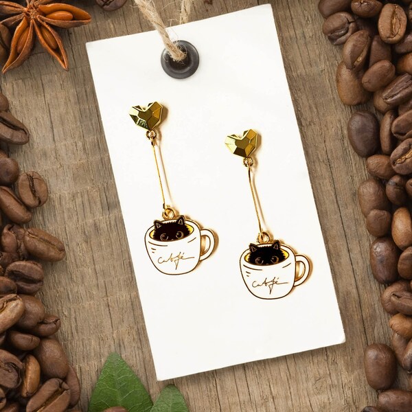 Black Cat earrings | coffee cup earrings | black cat in a tea cup dangle earrings | cute cat earrings | coffee lover gifts | cat lovers gift