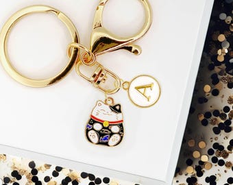 Cute Enamel Keychain Lucky Cat Maneki Neko Blue with Custom Monogram Initials-K-A099-2