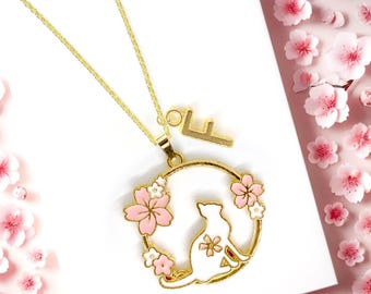 Kawaii Cat Necklace - Cherry Blossom White Cat Enamel, Sakura Pink Flower, Neko Jewelry, Cat Lover Gift, Cute Cat Owner Present-NCA-006
