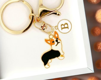 Black & White Corgi Dog Enamel Keychain with Personalized Monogram Letter Charm, Cute Welsh Corgi Gift, Gold-Plated Keyring-K-A011-2