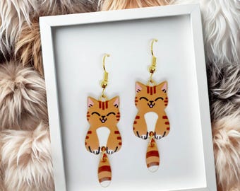 Braun getigerte Katze Baumeln Ohrringe 18k Vergoldet Haken, Kawaii Schmuck Geschenk für Katzenliebhaber, niedliches Tierbezogenes Accessoire-ERA-A003-4