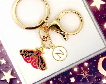 Mystical Pink and Black Enamel Moth Keychain with Gold Moon Detailing and Custom Initial Charm – Witchy Gift Bag Accessory for Her-K-A083-7